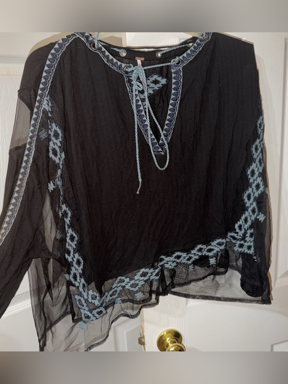 Free People Black Blouse with Light Blue Embroidery and Open Side Panels, size M